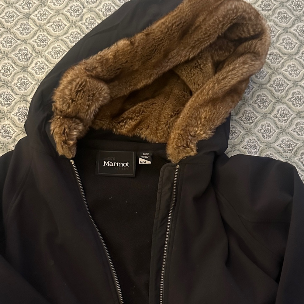 Marmot Black Coat with Brown Faux Fur-Lined Hood